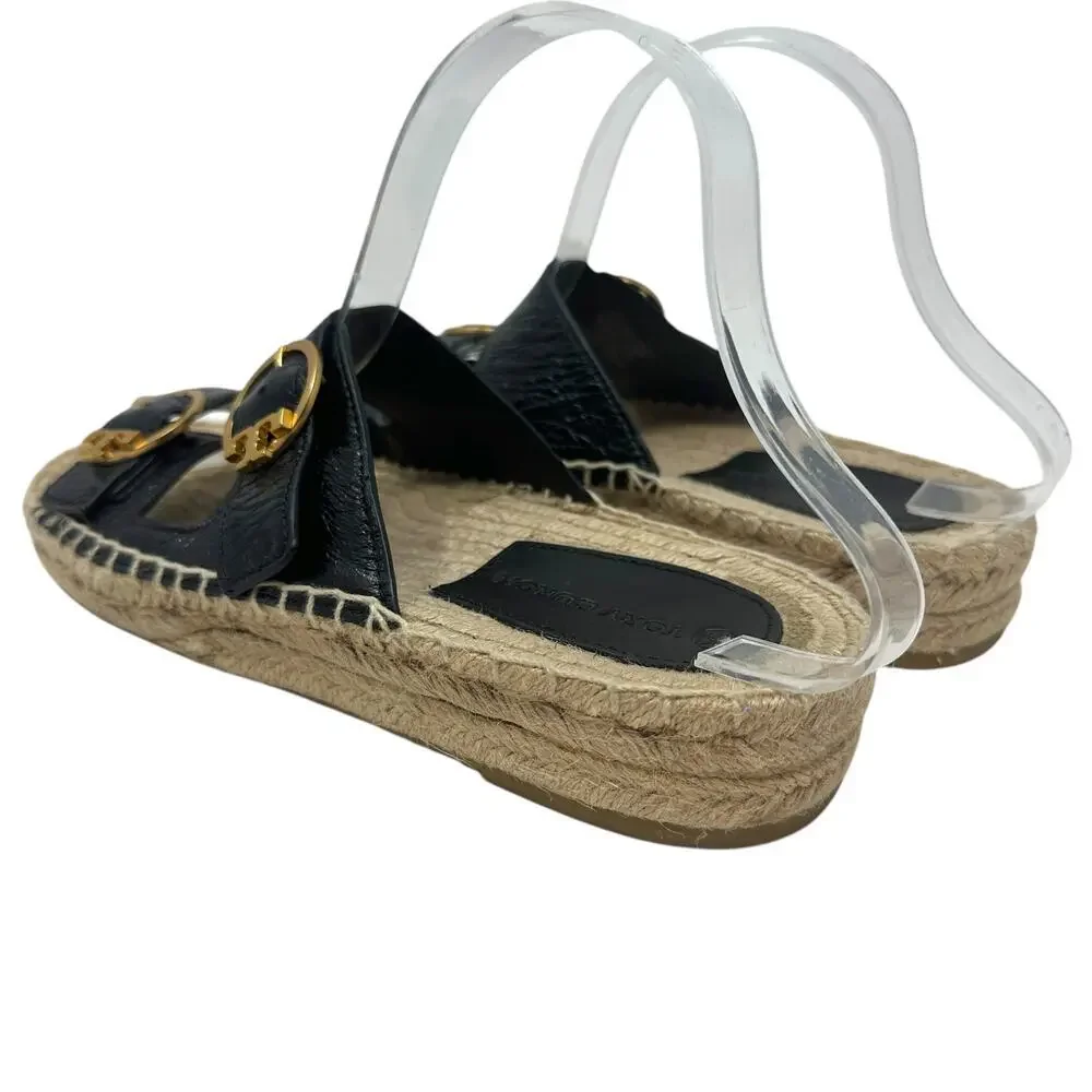Tory Burch Selby‎ Patent Leather Espadrille Slide Sandals Black Size US 6.5